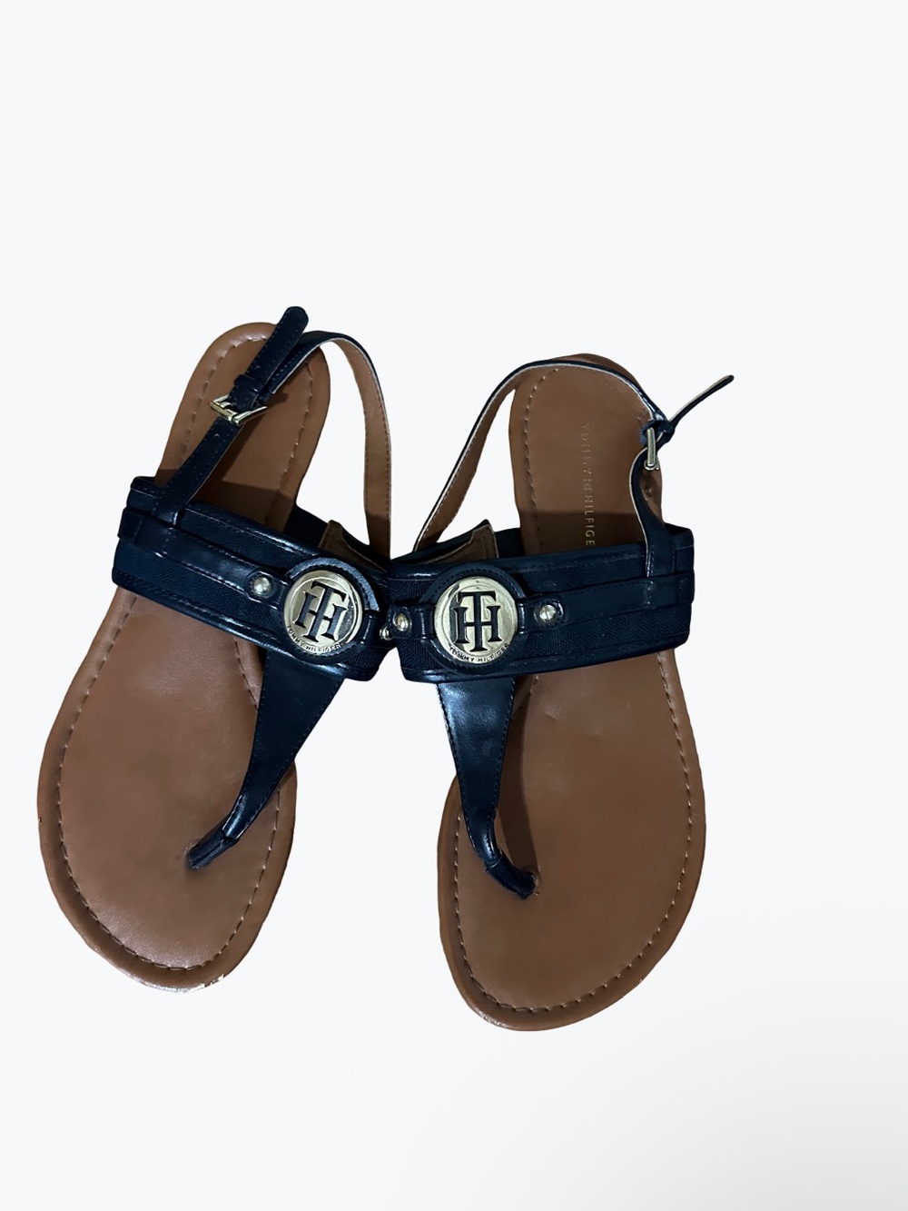 Tommy Hilfiger Black and Brown Logo Thong Sandals